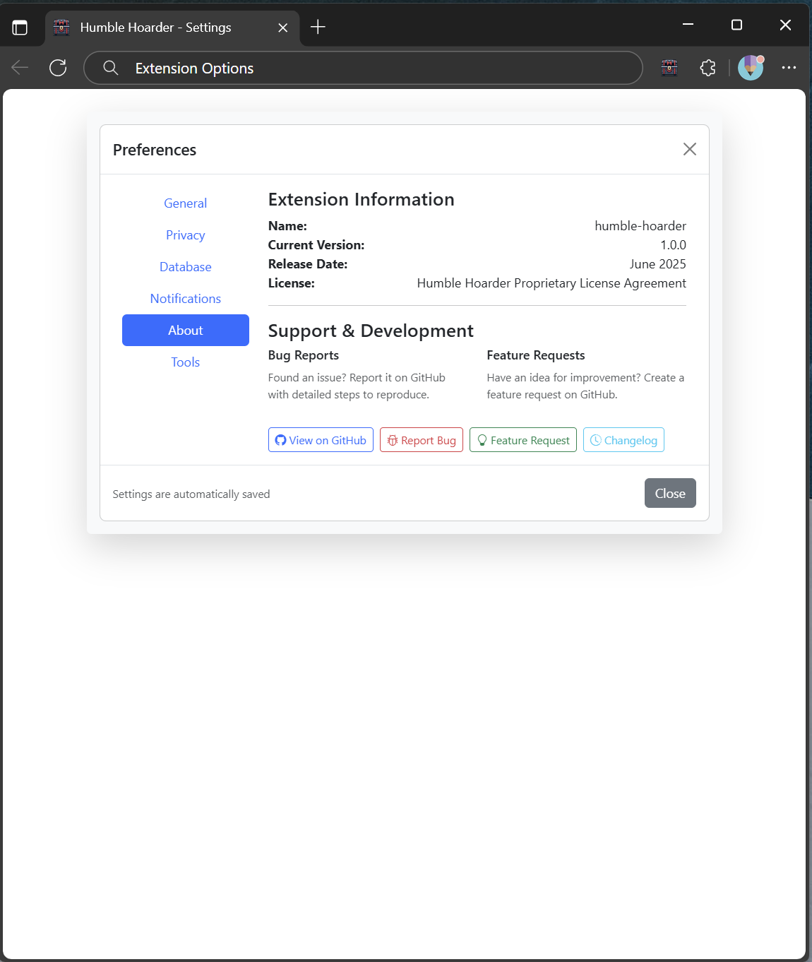 HumbleHoarder about page with version info