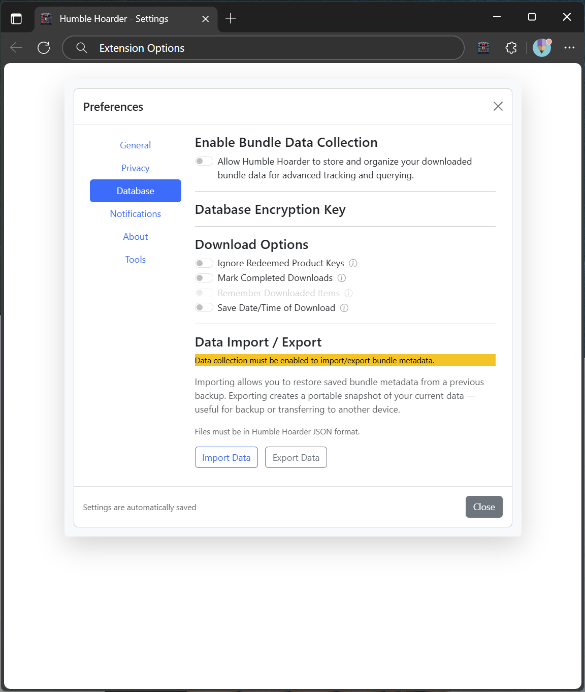 HumbleHoarder database preferences