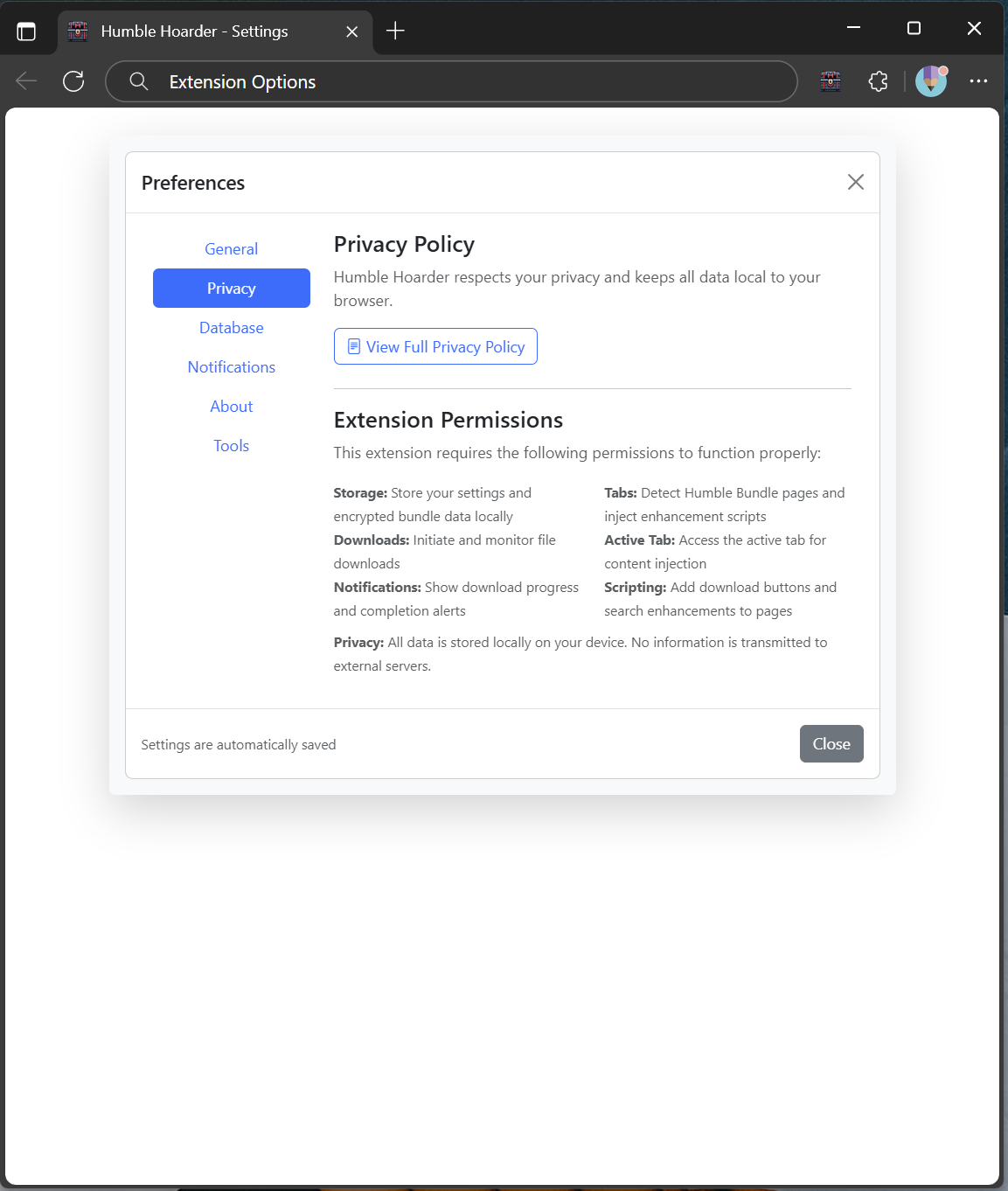 HumbleHoarder privacy settings page
