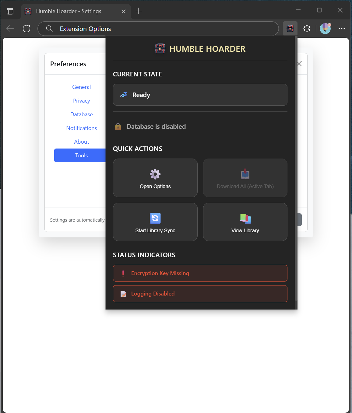 HumbleHoarder default popup interface